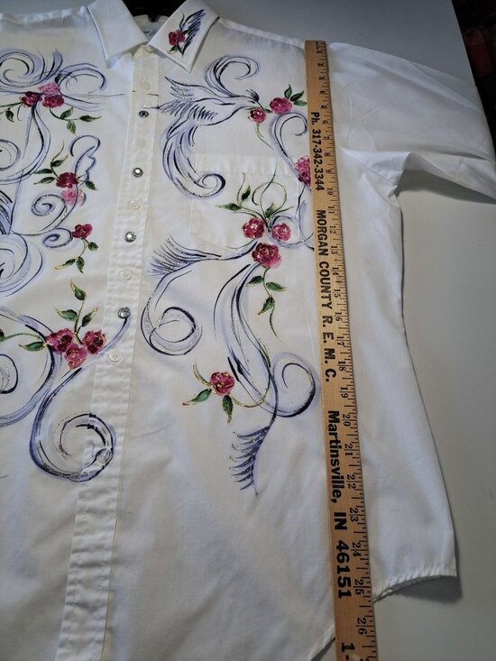 Hand-Painted Creative Artwear White Button-Up Shirt  Floral  Bird Women's Med - Picture 9 of 12